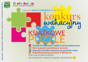 Strefa Koloru zaprasza dzieci i młodzież do lat 14 na konkurs wakacyjny-Książkowe puzzle. W tle elementy puzzli