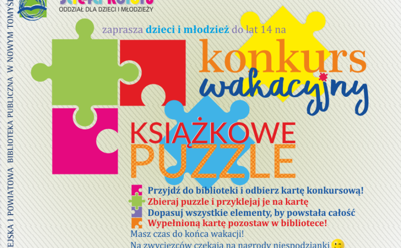 Strefa Koloru zaprasza dzieci i młodzież do lat 14 na konkurs wakacyjny-Książkowe puzzle. W tle elementy puzzli