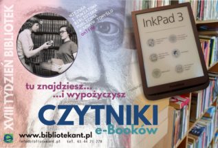 Plakat informujący o mozliwości wypożyczania czytniików, po prawej zdjęcie elektronicznego czytnika książek, w tle regał z ksiązkami oraz fragment grafiki twarzy z plakatu Tygodnia Bibliotek 2021