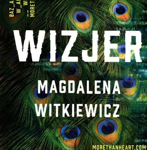 Okładka książki, pawie pióra, w połowie napis: Wizjer, Magdalena Witkiewicz