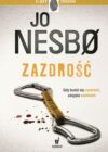 okładka książki, ślady krwi, dwa metalowe zamknięte elementy, połączone paskiem, od góry napis: Ślady zbrodni, Jo Nesbo, Zazdrość, Gdy budzi się zazdrość, zasypia sumienie